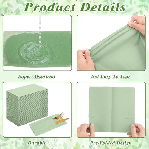 120 Pcs Sage Green Linen-Feel Paper Napkins with Built-in Flatware Pocket - Image 4