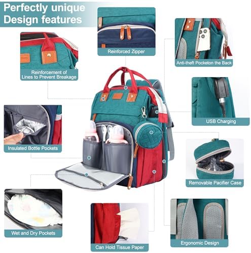 Diaper Bag Backpack with Changing Station, Blue-Green - Image 3