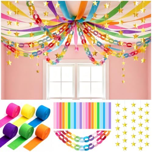 Paper Chain Strips and Star Garland - Rainbow Streamers Party Decorations by Unknown