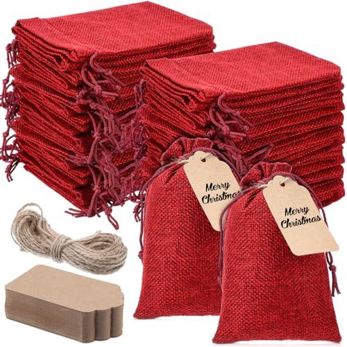 Woanger 100 Pcs Drawstring Burlap Gift Bags 4x6'' with Tags, Red by Woanger