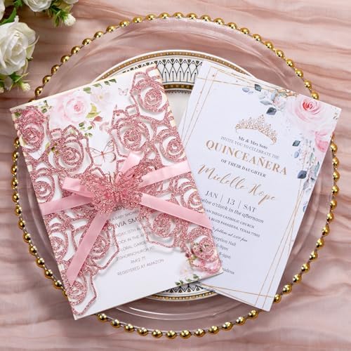 50Pcs Pink Butterfly Wedding Invitations with Envelopes and Rsvp Cards - Image 2