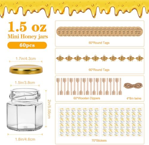 1.5 oz 60 Pack Mini Glass Honey Jars with Wood Dippers & Gold Lids - Image 2