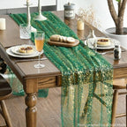 Artoid Mode 6PCS Green Gold Gauze Table Runner 120 Inch 10FT, Glitter Metallic Foil Sheer Dining Wedding Anniversary Holiday Table Decor for Home Party - Image 2