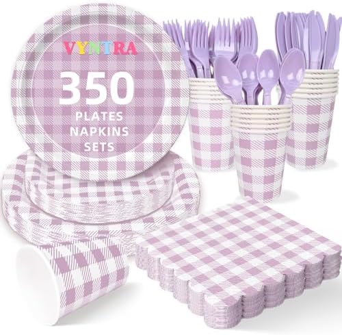 Vyntra 350-Pc Lavender Gingham Paper Plates and Napkins Party Supplies by PartyTablewareSupplies