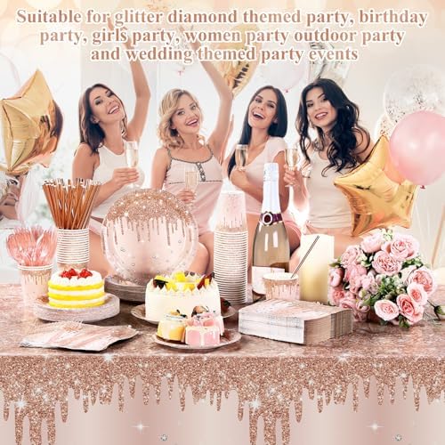 Funnymoom 452 Pcs Rose Gold Party Supplies Birthday Decorations Include Glitter Rose Gold Paper Plates and Napkins Cups Tablecloth Cutlery Straws Disposable Tableware Set for Women Birthday - Image 5