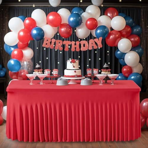 2 Packs Red Table Clothes for 8 Foot Rectangle Tables, Wrinkle Resistant Stretch Spandex Table Covers Fitted Tablecloth with Skirt for Valentines Event Banquet Wedding Birthday Party - Image 3