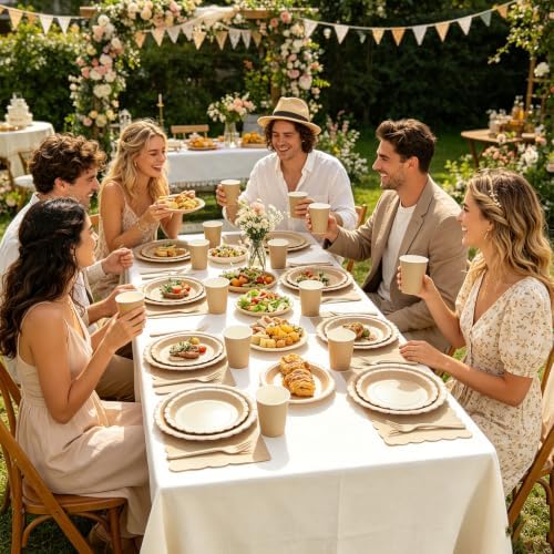 200Pcs Brown Party Plates and Napkins, 9’’ Disposable Scalloped Khaki Paper Plates and 7’’ Dessert Plates Cups Napkins Forks Party Supplies for Birthday, Wedding, Baby Shower Decorations, Serves 40 - Image 5