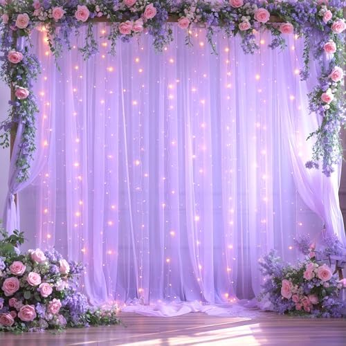 Lavender Tulle Photo Backdrop Curtain with Lights String for Parties Wedding Bridal Shower Sheer Lavender Curtain Backdrop for Birthday Party Baby Shower Photo Booth Photography 20ft x 8ft by Suppromo