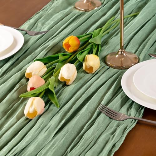 Sage Green Cheesecloth Table Runner Boho Wrinkled Gauze Table Runners - Image 5