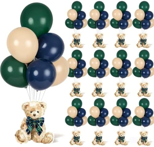 Whaline 12 Sets Bear Balloon Stand Kit for Table Centerpiece Baby Shower Party Decoration 90Pcs Green Blue Beige Latex Balloon Stick Holder with Base for Birthday Gender Reveal by Whaline