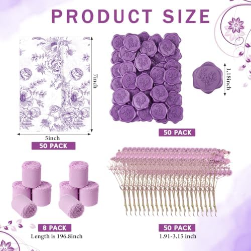 Fullhawl 50 Sets Wedding Invitations Wraps Set Pre Folded Vellum Jackets for 5 x 7 Invitations Dried Flowers Wax Seal Stickers Chiffon Silk Ribbon for Wedding Birthday Bridal Shower (Light Purple) - Image 2