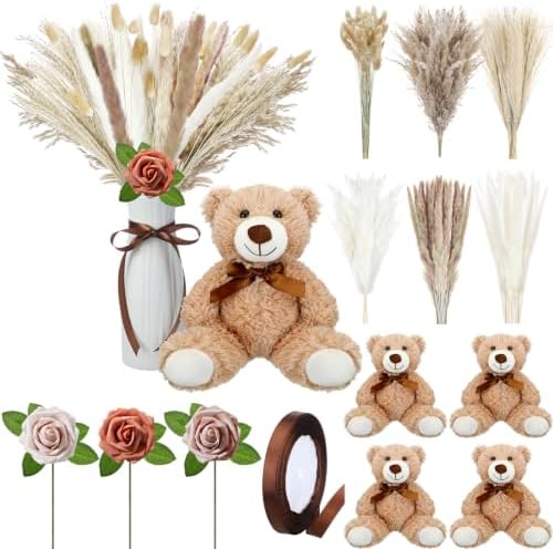 4 Sets 125 Pcs Bear Baby Shower Table Centerpiece with Bear Stuffed Animals Brown Dried Pampas Grass Artificial Flower Plastic Vase for Boho Wedding Bridal Reveal Birthday Baby Shower Decor by Relaxgiant