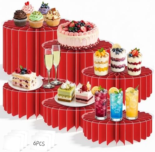6Pcs Buffet Risers, Food Risers for Table, Foldable Cake Display Stands, Tall Cardboard Cupcakes Stand for Show Catering Desserts Jewelry Wedding Birthday Party Decoration (Glitter Red) by Unknown