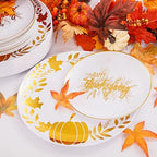 Ciaell 125PCS Thanksgiving Plastic Plates - Fall Pumpkin Disposable Plates White and Gold Heavy Duty Dinnerware Set include 25Dinner Plate, 25Desset Plate, 25Knives, 25Forks, 25Spoons for Thanksgiving - Image 2