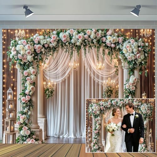 8 x 6 ft Wedding Wooden Backdrop Glitter White Curtain Rose Floral Wall Door Photography Backdrops Western Vintage Wedding Anniversary Banner Birthday Baby Showers Photo Shoot Decor Props Decoration by Unknown