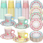 FillTouch 200 Sets Floral Paper Tea Cups and Saucers Disposable Paper Tea Party Supplies 9 oz Cups with Handle and Saucer for Birthday Wedding Party Decorations (Classic Style) by FillTouch