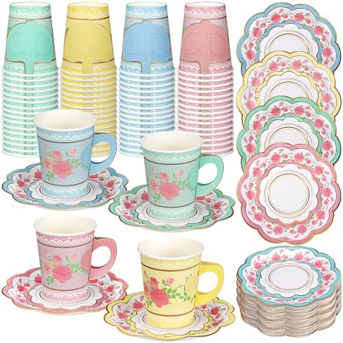 FillTouch 100 Sets Floral Paper Tea Cups and Saucers Disposable Paper Tea Party Supplies 9 oz Cups with Handle and Saucer for Birthday Wedding Party Decorations (Classic Style) by FillTouch