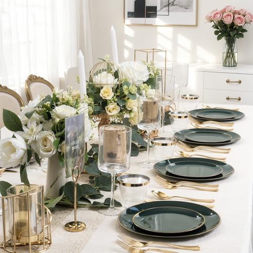 WDF 150Pcs Green Plastic Plates - Green Plates Disposable with Gold Rim - 25Guest Disposable Dinnerware Include 50 Plastic Plate 75 Gold Cutlery 25 9oz Cups for Wedding/Party/Birthday - Image 4