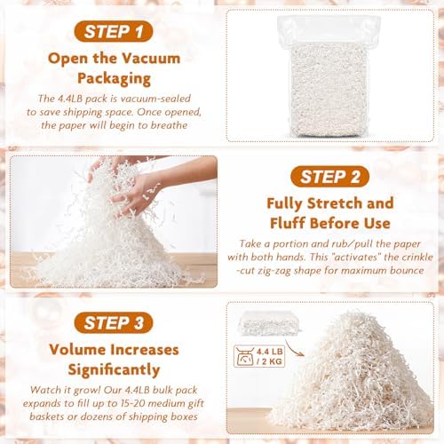 AFOROEOA Crinkle Cut Paper Shred Filler 4.4LB/2KG Bulk, Recyclable Gift Basket Filler for Christmas Easter Birthday Wedding Hamper Packaging, Shredded Paper for Gift Boxes, White - Image 4