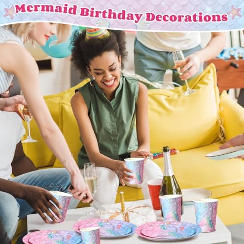 400 Pcs Mermaid Party Decoration for 50, Pink Blue Mermaid Birthday Paper Plates Napkins Cup Cutlery Under The Sea Princess Disposable Tableware for Baby Shower Ocean Birthday Party Supply - Image 5