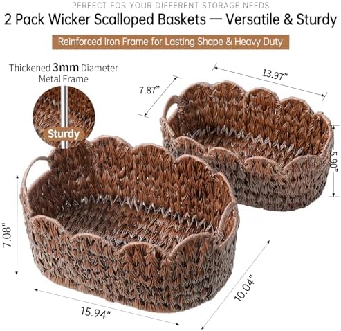 Set of 2 Scalloped Baskets, Small Wicker Baskets for Gifts, Brown - Image 3