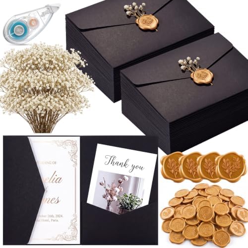 50 Set Wedding Invitation Kits Trifold Pockets,Black,Gold by Unknown