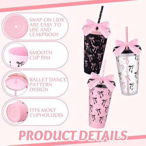 Skylety 24 Pcs Black and Pink Bow Plastic Cups with Lid Straw and Ribbon - Image 3