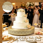 14 Inch Luxury Gold Cake Stand, Round Metal Dessert Display with Ornate Filigree Lace, Dual‑Coated Premium Finish for Wedding, Anniversary & Elegant Home Decor - Image 3
