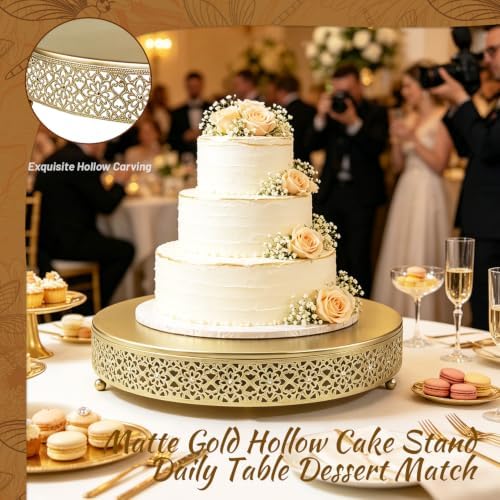 14 Inch Luxury Gold Cake Stand, Round Metal Dessert Display with Ornate Filigree Lace, Dual‑Coated Premium Finish for Wedding, Anniversary & Elegant Home Decor - Image 3