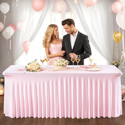 PARTISKY Pink Spandex Tablecloth for 6ft Rectangle Tables, Stretchable Table Cover Skirt for Folding Tables Weddings Parties Banquets Events Trade Shows and Dessert Table - Image 5