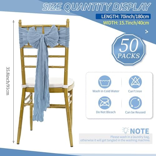 50 PCS Cheesecloth Chair Sashes Bows Wedding Aisle Decorations Chair Ribbon Ties Back Sash for Wedding Party Events Banquet Chair Cover Decoration (Dusty Blue) - Image 2
