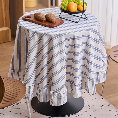 vctops Farmhouse Navy Stripe Ruffle Table Cloth, Boho Cotton Linen Tablecloth, Washable Table Cover for Round Table Baby Shower Kitchen Party Wedding Decor (Navy A,70") - Image 2