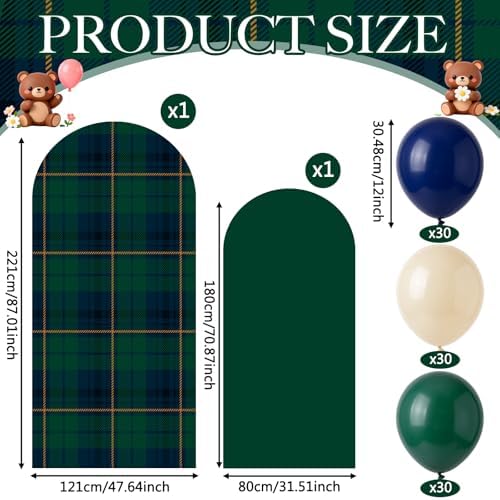 Chumia 2 Pcs Tartan Arch Backdrop Cover with 90 Pcs Balloon Green and Blue - Image 2