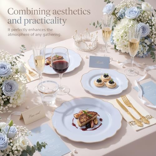 NOCCUR 175PCS Blue Plastic Plates with Gold Disposable Silverware - Include 50 Light Blue and Gold Plastic Plates,25 Knives,25 Forks,25 Spoons,25 Cups and 25 Napkins - Baby Shower/Party/Spring/Wedding - Image 3