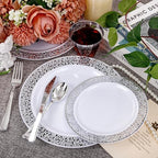 WELLIFE 210pcs Dinnerware Set - Silver Rimmed Plastic Plates Disposable Heavy Duty, Disposable Plastic Plates with Silver Rim, Water-proof, Break-proof, Best Choice for Any Party - Image 4