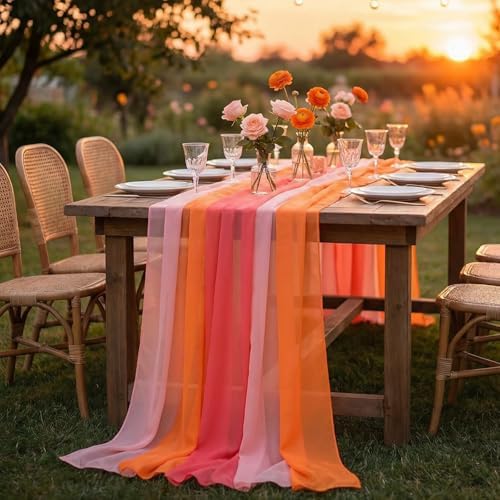 Boao 12 Pcs Red Pink Orange Sunset Party Decorations Chiffon Table Runners by Boao