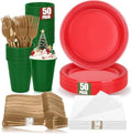 200pcs Red Green Gold Plastic Plates Party Supplies, Disposable 9’’ Red Dinner Plates and Napkins, Cups & Cutlery Plastic Dinnerware Set for Christmas, Holiday, Birthday, Serves 50 Guests by UseOnceDoneRight