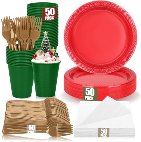 200pcs Red Green Gold Plastic Plates Party Supplies, Disposable 9’’ Red Dinner Plates and Napkins, Cups & Cutlery Plastic Dinnerware Set for Christmas, Holiday, Birthday, Serves 50 Guests by UseOnceDoneRight