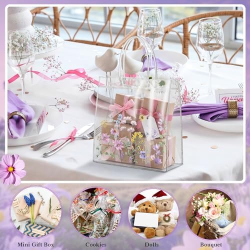 Canchiing 50 Pcs Wildflower Clear Gift Bags with Handles Reusable Spring Flower Treat Bags PVC Gift Wrap Totes for Floral Themed Baby Shower Wedding Birthday Party Favors, 7.9 x 7.9 x 3.1 - Image 4