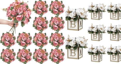 12 Bundles Peonies Artificial Flowers & Pack of 8 Baby Shower Centerpieces for Tables by SEKNHOP