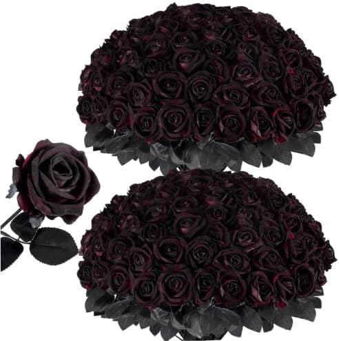 Auihiay 60Pcs Black Burgundy Roses, Faux Halloween Flowers, Black Roses by Auihiay