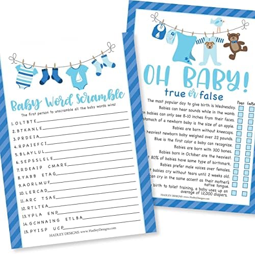 Hadley Designs 25 Blue Word Scramble for Baby Shower, 25 True Or False Game, 25 Trivia Game, 25 Find The Guest - 4 Double Sided Cards Baby Shower Ideas, Gender Reveal Games Baby Shower Games - Image 3