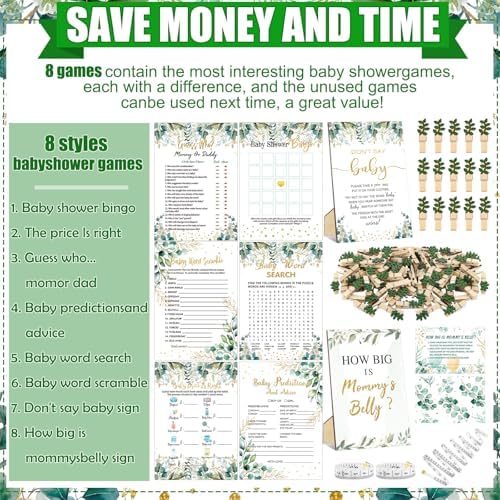 Funnymoom 426 Pcs Baby Shower Games Set Greenery, 8 Games with Bingo - Image 4