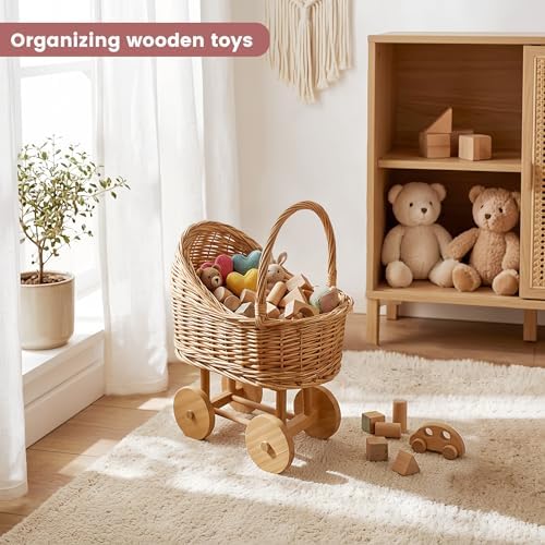 Woven rattan baby stroller baskets, vintage rattan flower cart, wicker stroller carriage for baby shower,wedding and gift decorations, pushcart-style decorative flower stands (12 in + 15 in) - Image 5