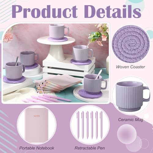 36 Pcs/6 Sets Baby Shower Prizes for Winners Include Ceramic Mugs with Spoons Woven Coasters Notebooks with Pens Clear PVC Gift Bags for Bridal Shower Party Favors(Purple) - Image 4