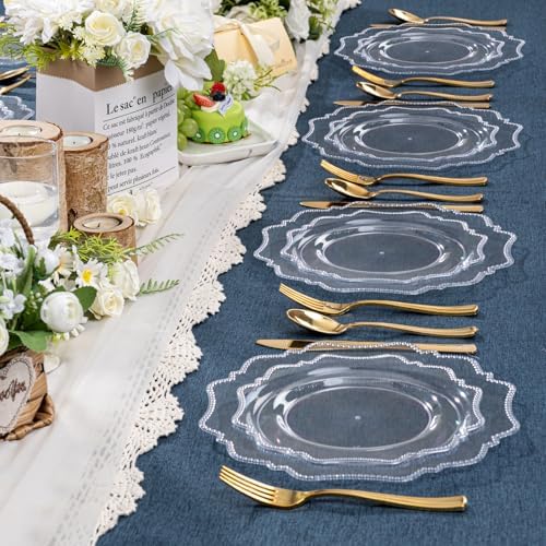 COLOSUS 60PCS Clear Plastic Plates, Fancy Beaded Plastic Plates for Wedding - Image 2