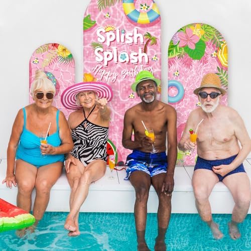 Chunful 3 Pcs Splish Splash Birthday Party Decorations Summer Pool Backdrop Arch Cover Cute Happy Birthday Party Decorations for Swimming Pool Photo Background Decor 6 ft/5 ft/4 ft(Pink-Green) - Image 5
