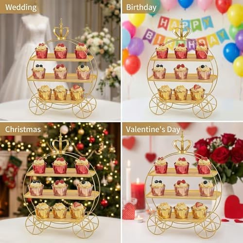 3-Tier Gold Cupcake Stand for Weddings & Parties – Tiered Serving Tray Crown Dessert Table Display Stand Holder for Birthday Party Afternoon Tea Table Decoration(Gold) - Image 7