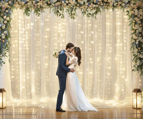 Ivory Tulle Backdrop Curtains with Lights String for Parites Wedding 20×10ft Ivory Sheer Backdrop Curtains for Baby Shower Birthday Party Photo Shoot Background Decorations(4 Panels 5ft×10ft) - Image 2