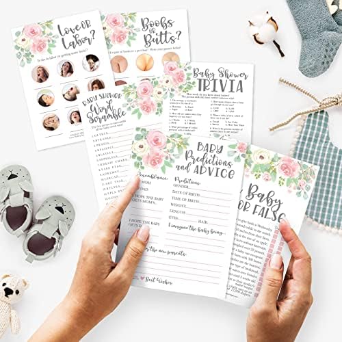Hadley Designs 50 Floral Baby Prediction And Advice Cards, Trivia Games, etc, 25 Love or Labor, Boobs Or Baby Butts Game - 6 Double Sided Cards Baby Shower Games Funny, Baby Shower Party Supplies - Image 2